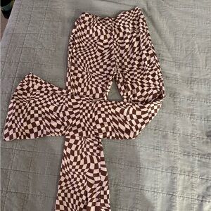 Brown and White Checkered Bell Bottom Pants